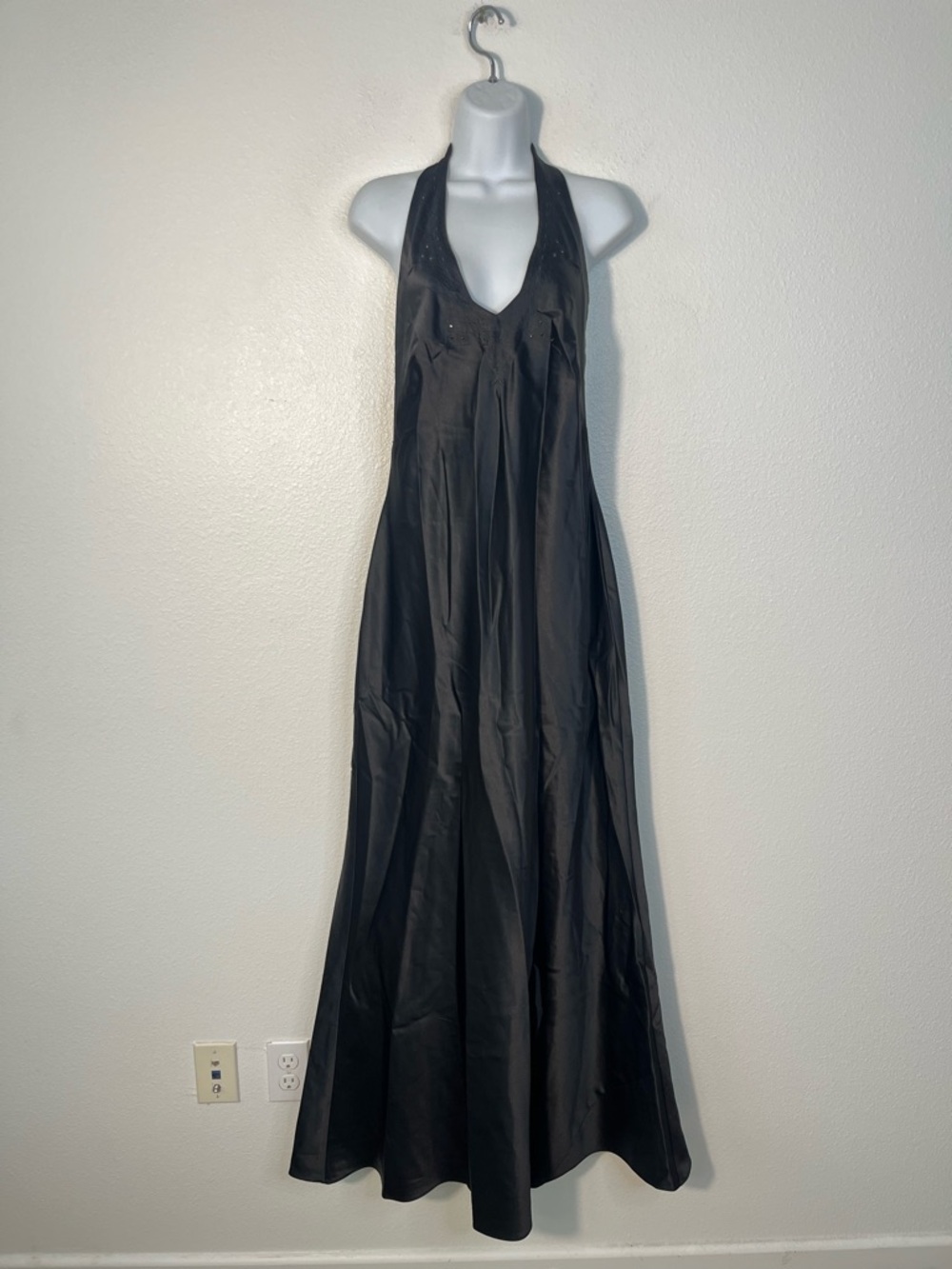 Vintage ABS Evening By Allen Schwartz Satin Plunge Black Halter Prom Dress Sz 6
